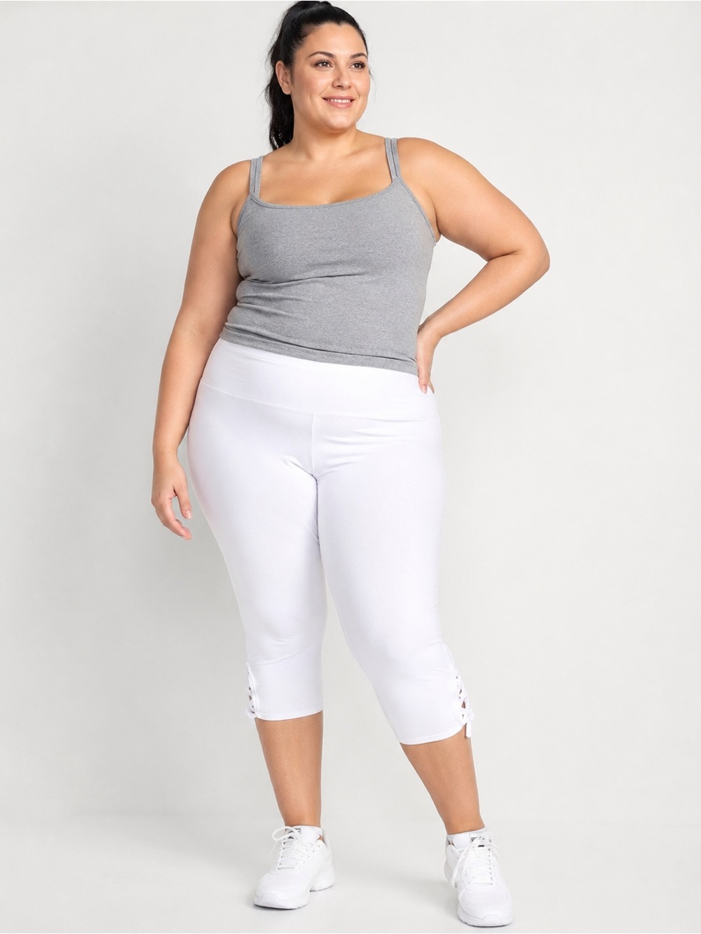Women's White Capri Pants with Lace-Up Hem